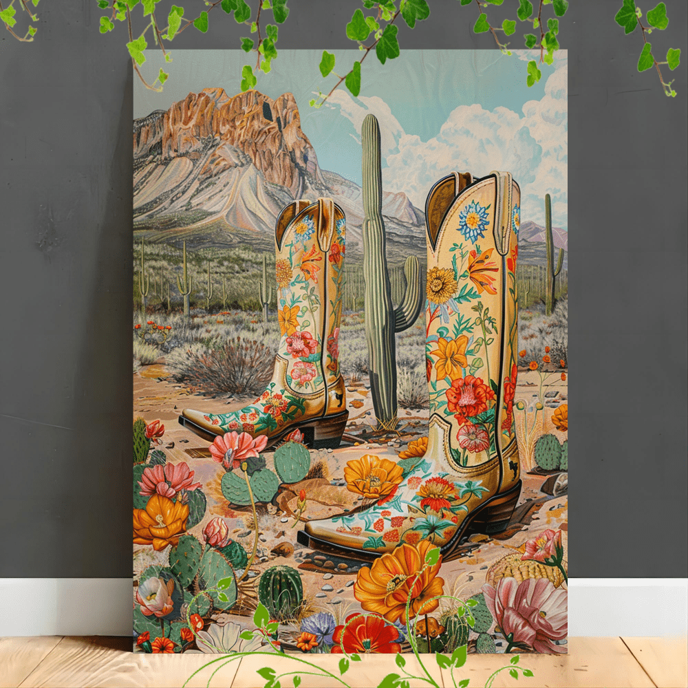 

1pc Wooden Framed Canvas Painting Artwork Very Suitable For Office Corridor Home Living Room Decoration Suspensibility Cowboy Boots With Flowers, Cacti, Desert Landscape, Mountain In Background, Warm
