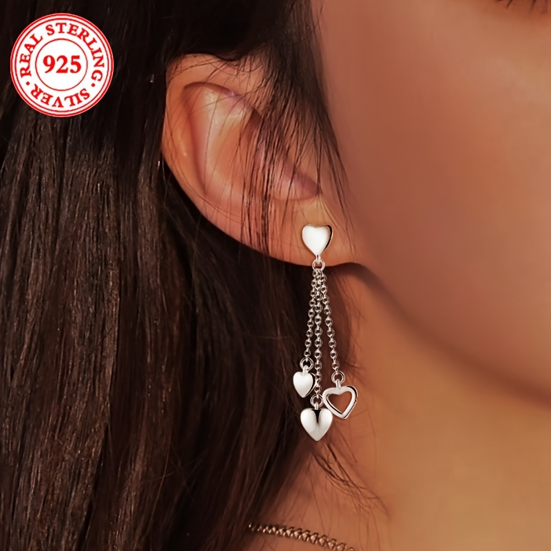 

925 Sterling Silver Heart Tassel Earrings, Long Chain Design, Elegant Fashion Jewelry For Women, Party And Banquet Accessories, All Season Wear - 6.3g