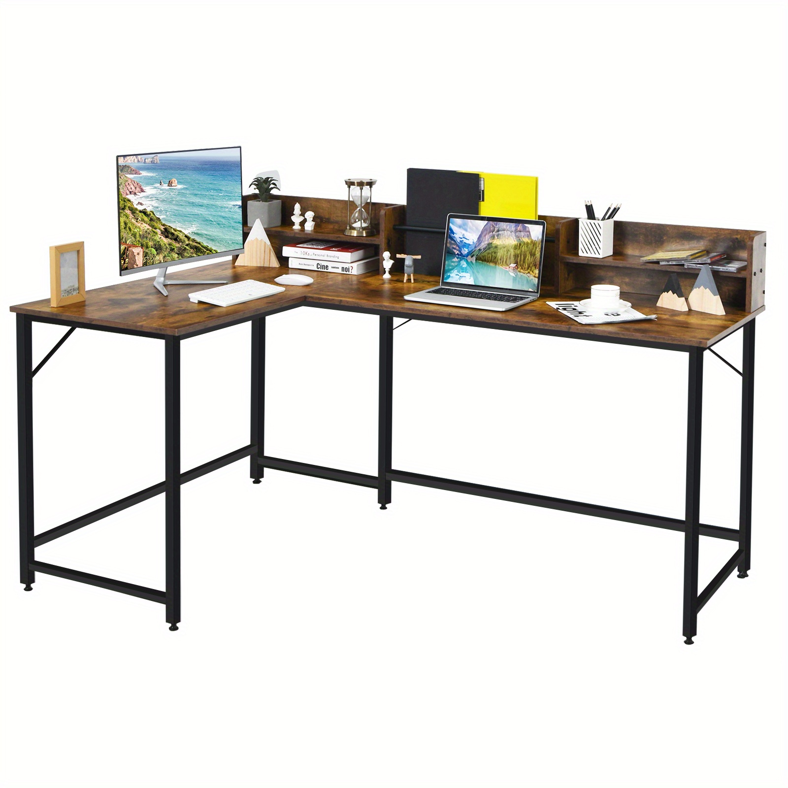 

Goplus 65.5'' L-shaped Computer Desk Home Table W/bookshelf Rustic