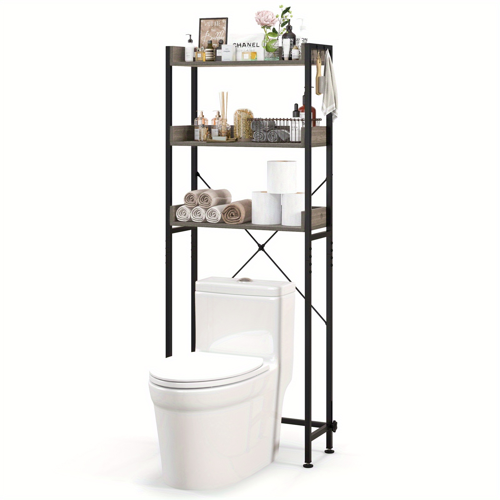 

Goplus 3-tier Over-the-toilet Bathroom Shelf Metal Frame Space Saver Rack W/ 4 Hooks