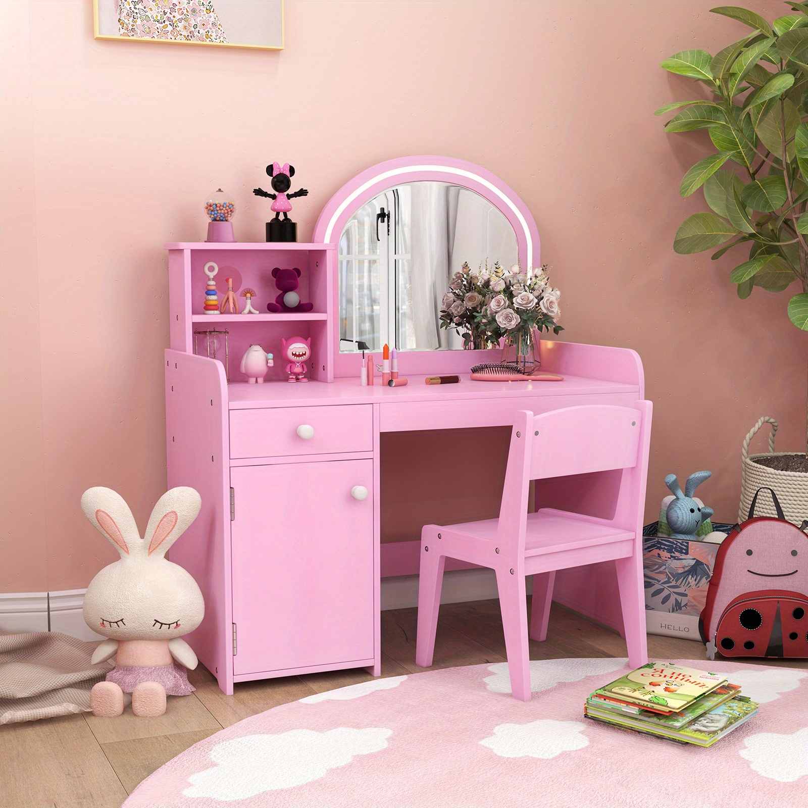 

Safstar Kid Vanity Table Chair Set 2-color Led Lights Large Drawer Shelf Cabinet Pink