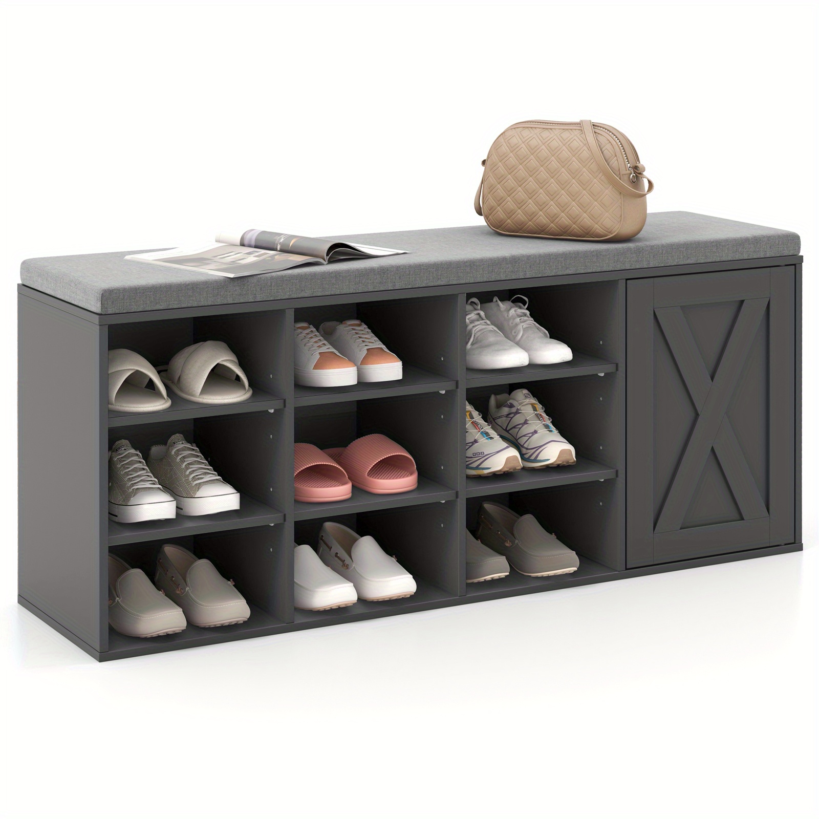 

Safstar Shoe Bench W/padded Cushion 9-cube Adjustable Storage Shoe Rack Grey