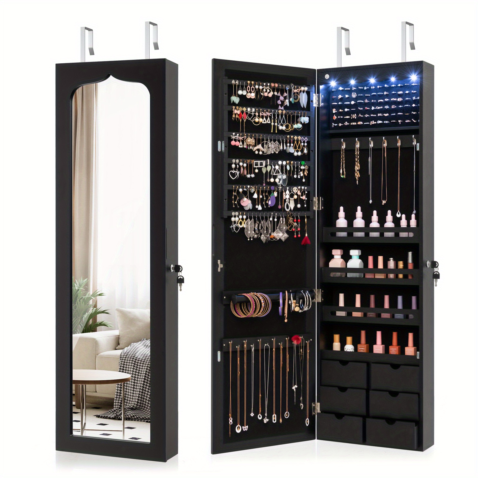 

Safstar Wall Door Mounted Led Mirror Jewelry Cabinet Lockable Armoire W/6 Drawers Black