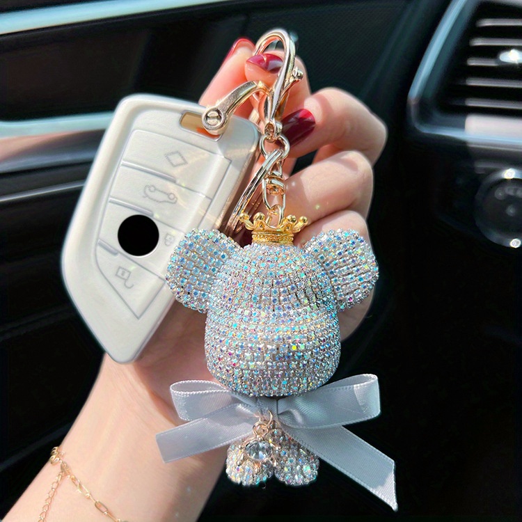 chic     bear keychain with bow cute cartoon doll charm for bags cars perfect gift for women   bear key ring details 1