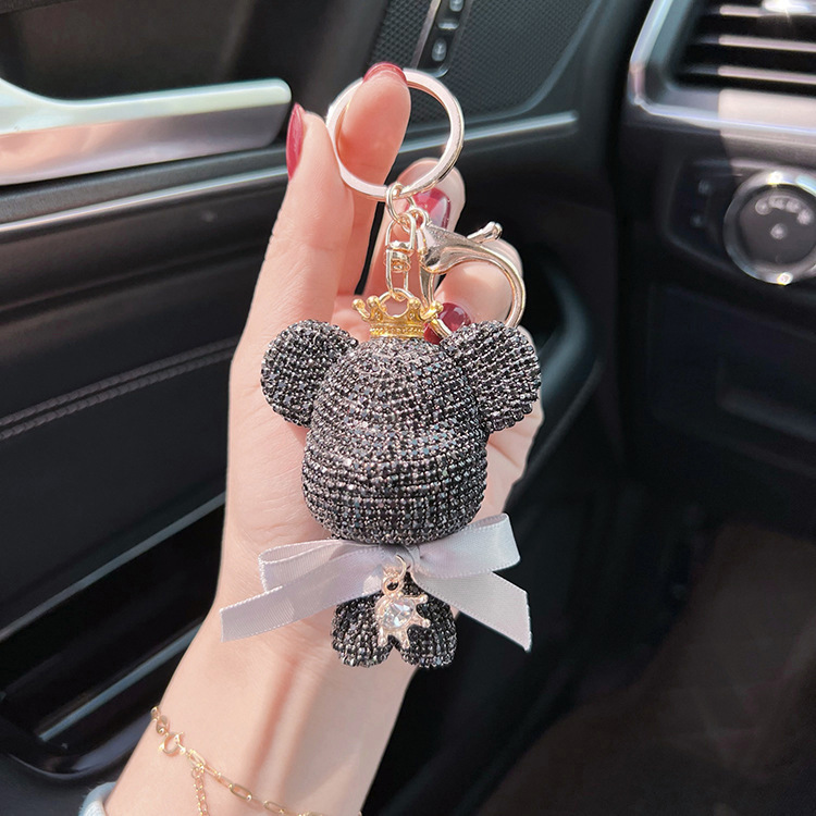 chic     bear keychain with bow cute cartoon doll charm for bags cars perfect gift for women   bear key ring details 3