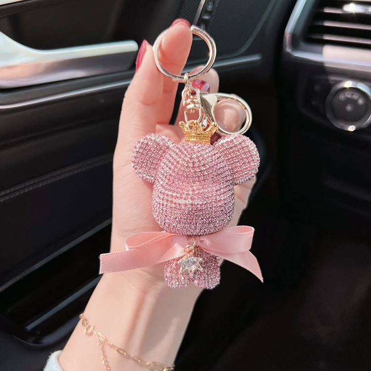 chic     bear keychain with bow cute cartoon doll charm for bags cars perfect gift for women   bear key ring details 4