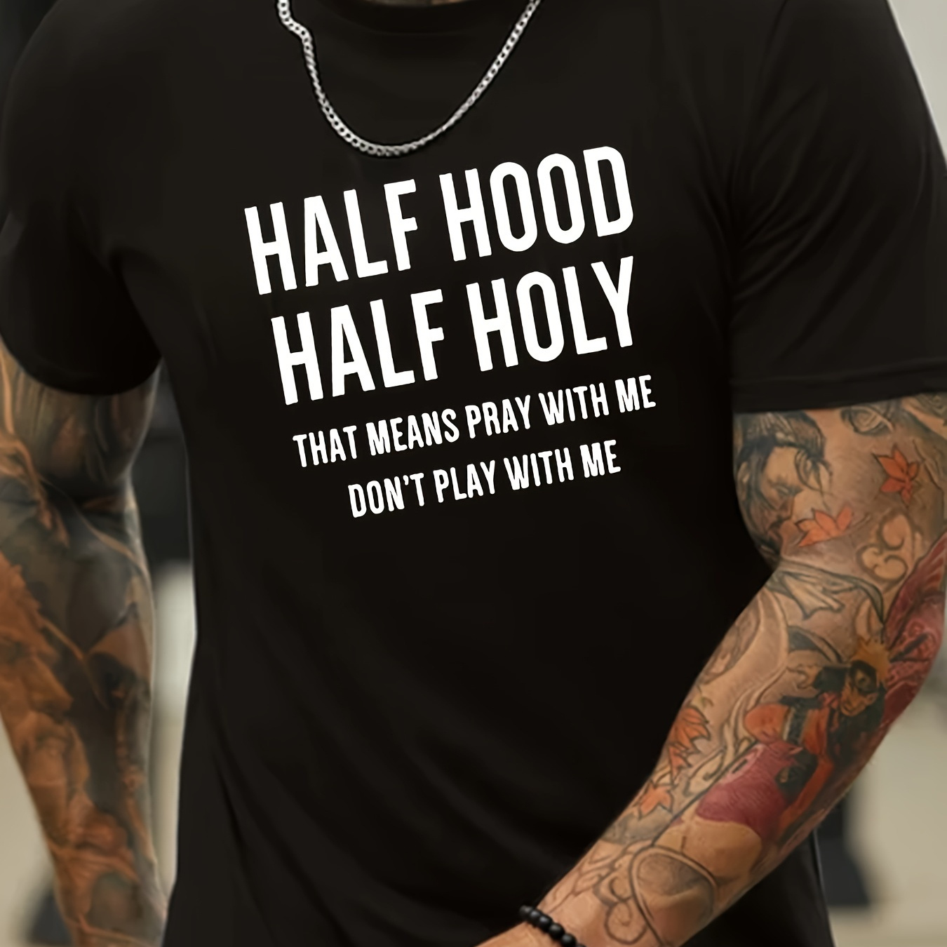 

1 Pc, 100% Cotton T-shirt, Half Hood Half Holy Print T Shirt, Tees For Men, Casual Short Sleeve T-shirt For Summer