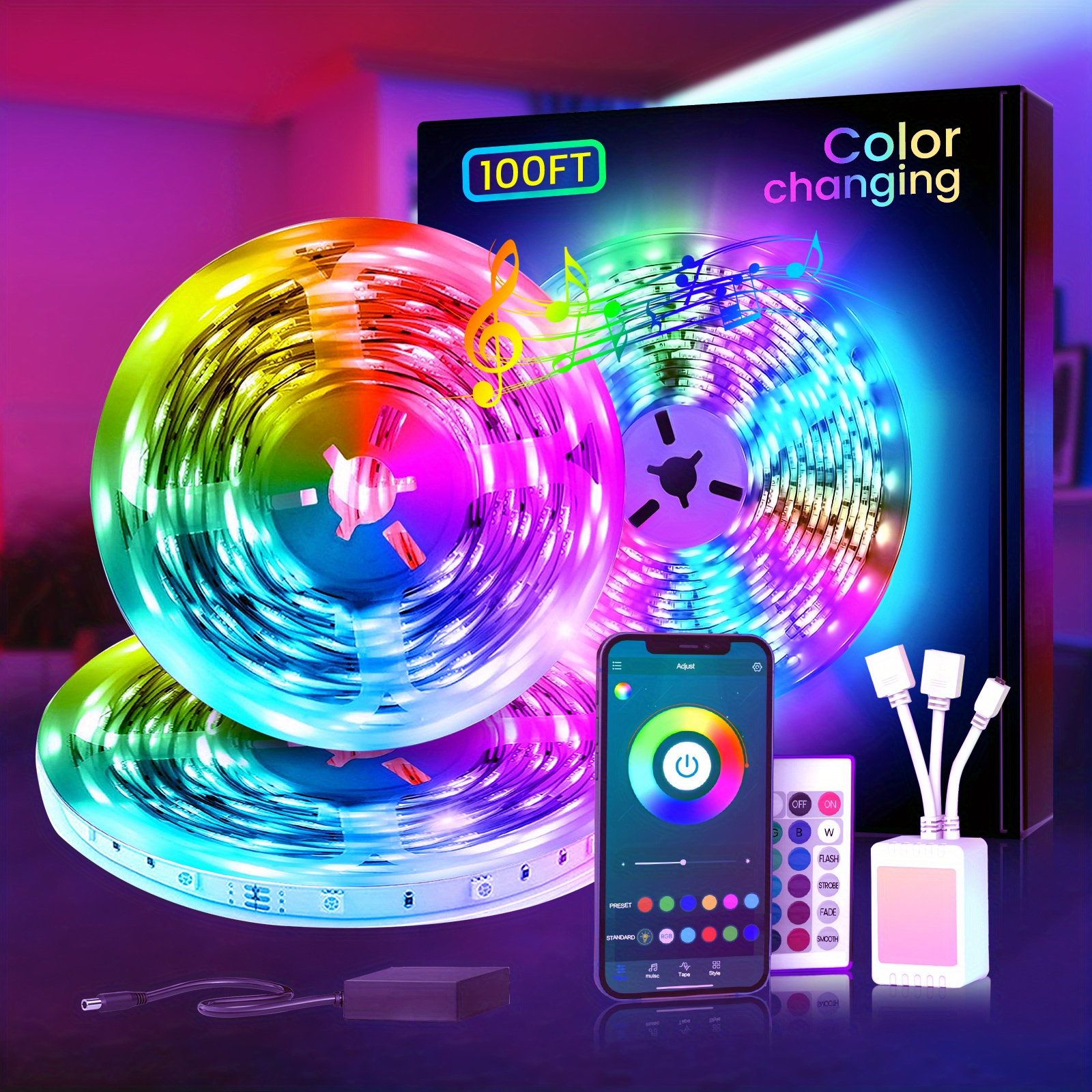 

25/100/130ft Rgb Led Strip Lights, 16 Million Color Changing, App Control And 24-key Remote Control, Enhanced Music Sync, Lights For Room Decor, Party,
