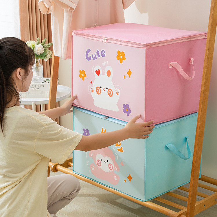 1pc cute cartoon foldable storage organizer with zipper plastic freestanding multipurpose moisture proof bins for clothes quilts luggage double   details 0