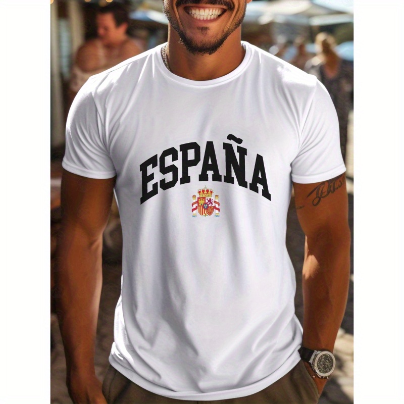 

T-shirt à col rond et manches courtes pour homme avec imprimé graphique du drapeau de l'Espagne, t-shirt tendance, haut décontracté, confortable et polyvalent pour l'été