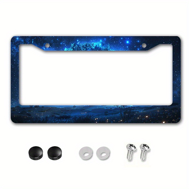 

6.3x12.2inch(16x31cm) Metal License Plate Frame Cover - Blue Night Sky With Stars And Trees - Easy Installation - Suitable For Us Vehicles