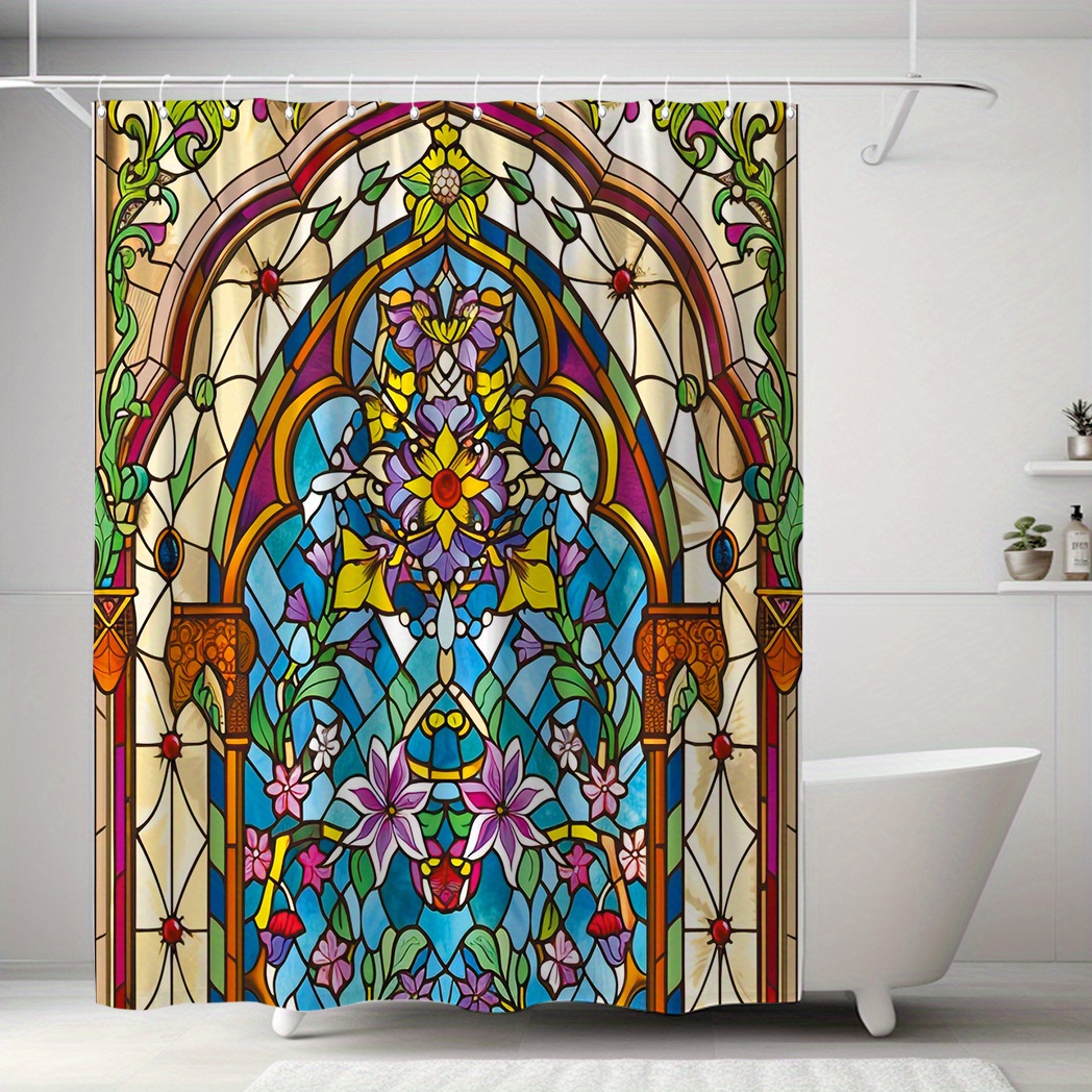 

Water-resistant Polyester Shower Curtain With Colorful Floral Stained Glass Design, Knit Fabric Weave, Machine Washable With 12 Free Hooks, Fashionable Bathroom Decor - 71x71 Inches