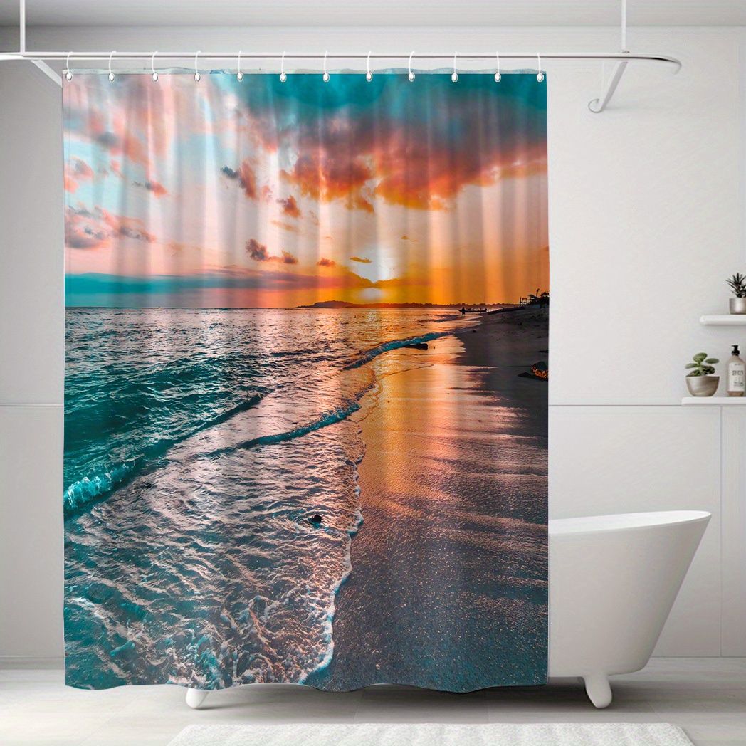 

Ocean Sunset Shower Curtain Set With 12 Hooks - 71x71 Inch, Knit Fabric Polyester, Machine Washable, Water-resistant, Vibrant Beach Scene Print Bathroom Decor