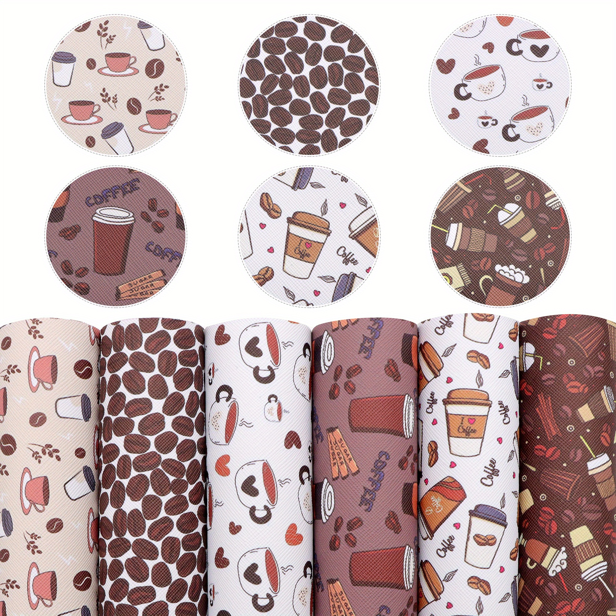 Image of Set Of 6pcs Of Synthetic Leather Sheets Measuring 7.87x12.99 Inches, Featuring A Coffee Beans Print. Ideal For Projects Like Earrings, Bows, Crafts, And Festival Decorations