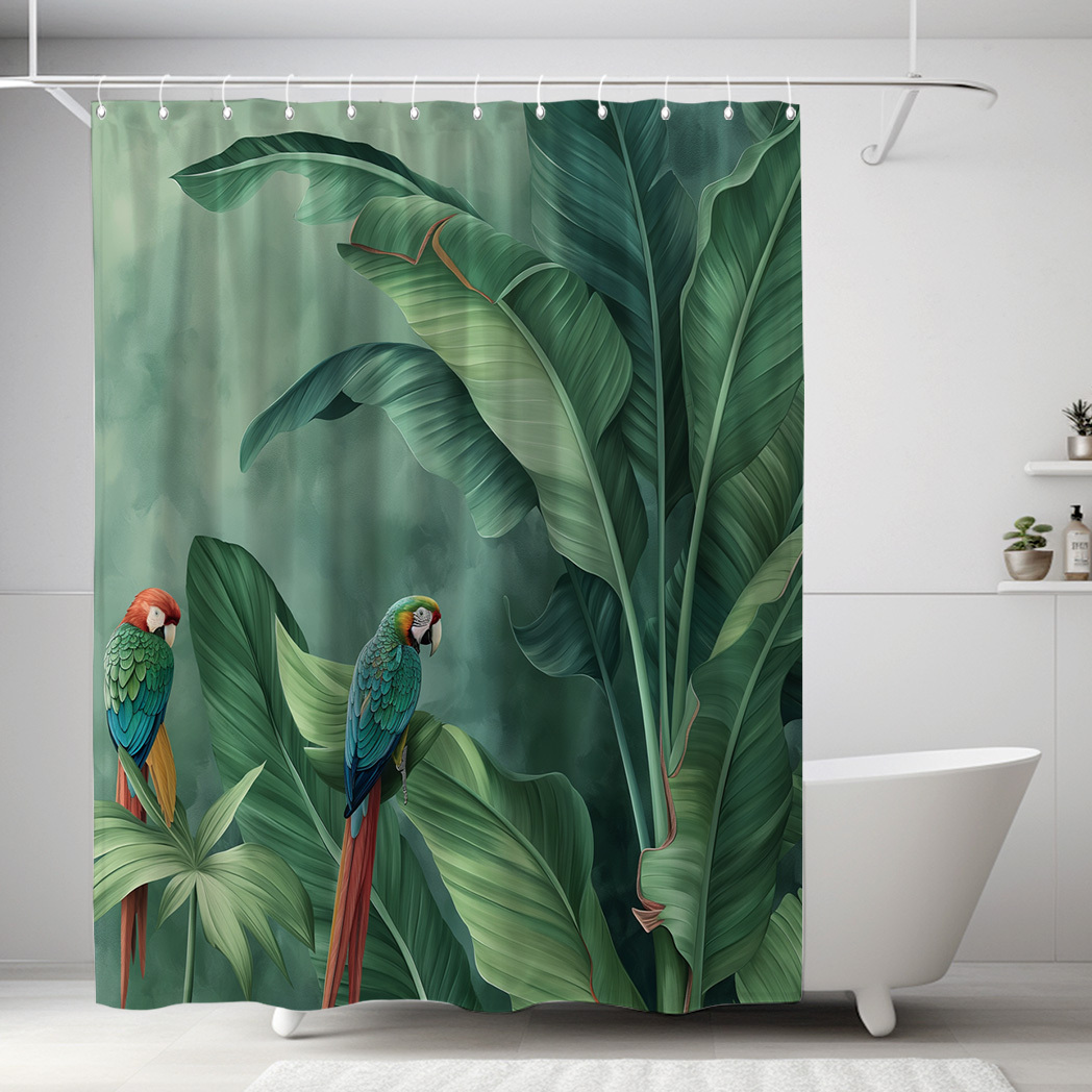 

Tropical Parrot & Plant Knit Polyester Shower Curtain, Water-resistant With 12 Free Hooks, Machine Washable, Fashion Print Bathroom Decor Accessory, 71x71 Inch