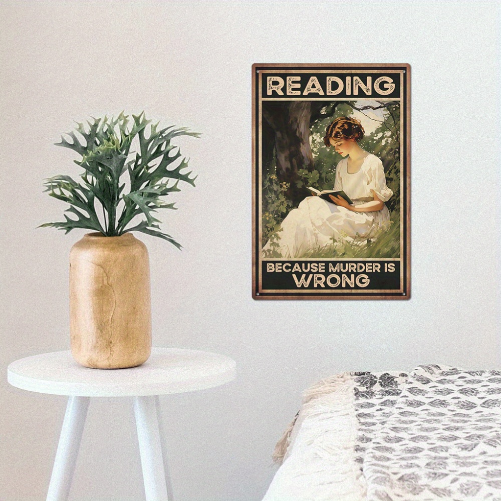 

1pc Putuo Decor Humorous Vintage Metal Tin Sign "reading Murder Is " - 7.8x11.8 Inches, Ideal Wall Art For Home Library, Reading Room, Or , Featuring Elegant Woman Reading , Bookshelf Decor