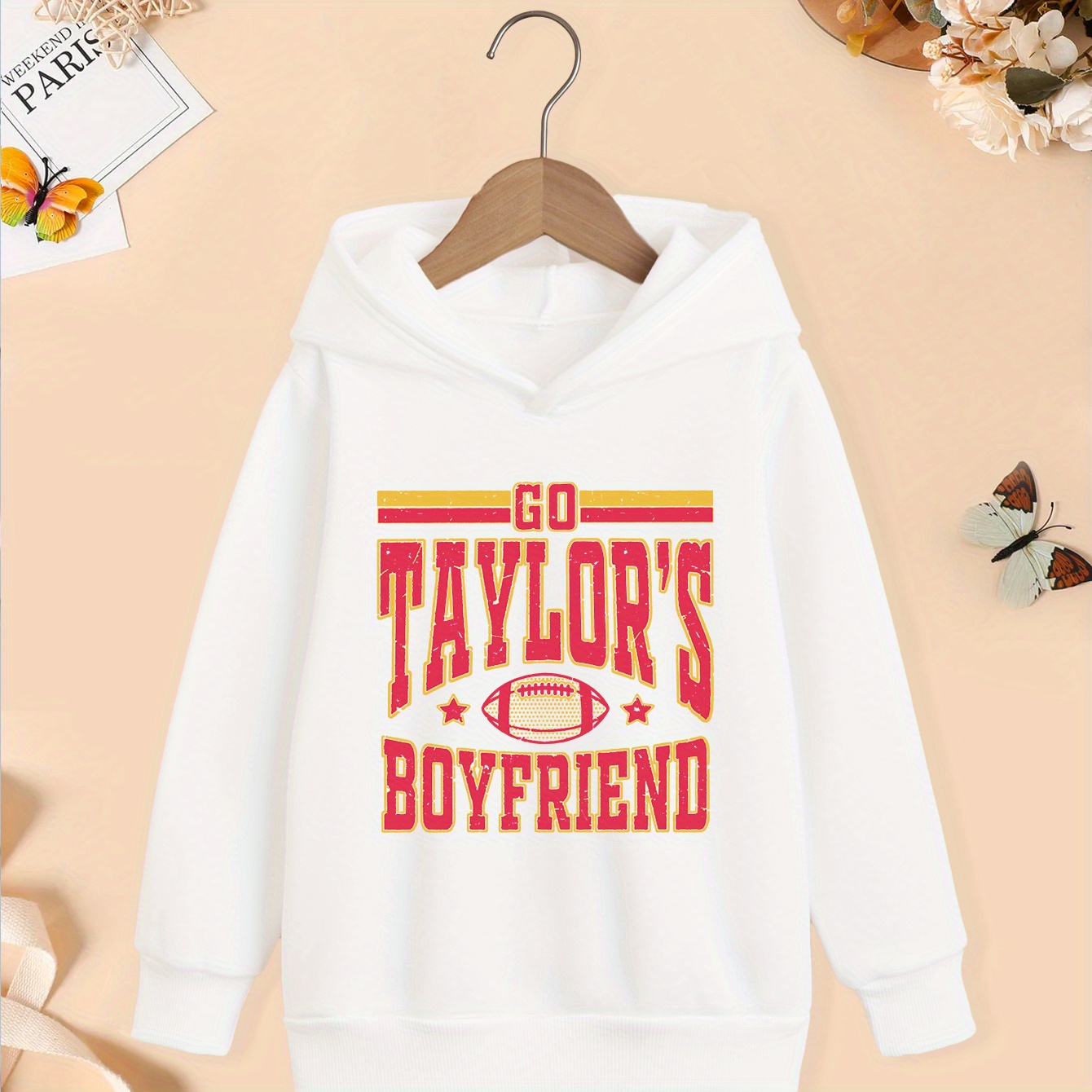 

Go Boyfriend Rugby Football Design Print, Girl's Fashion Cozy Hoodies, Casual Long Sleeve Pullover Hoodies For Autumn And Winter