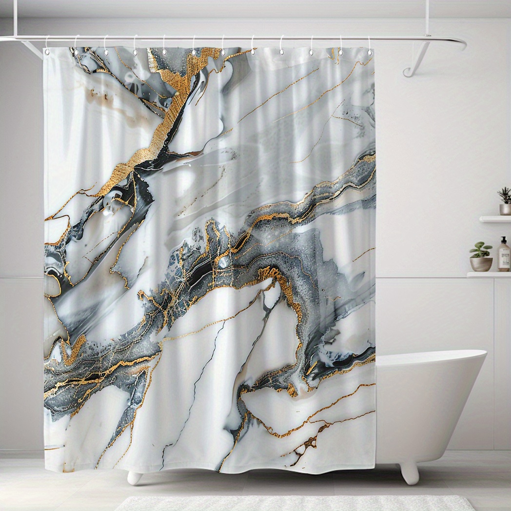 

Gilt Marble Printed Shower Curtain With 12 Hooks: Waterproof, Digitally Printed Polyester, 71" X 71", Perfect For Bathroom Decoration