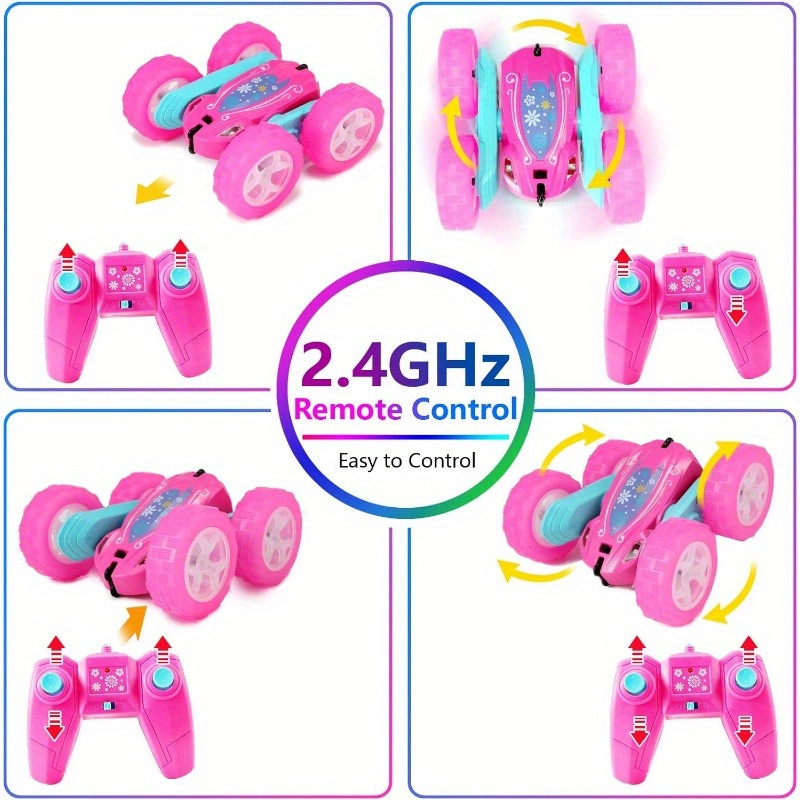 FREE TO FLY Remote Control Car for Girls : Pink RC Car Double Sided 360°Flip Stunt Cars with Headlights & WheelLights Rechargeable Toy Car Birthday Gifts for Girl Kids Age 6 7 8 9 10 11 12 Year Old