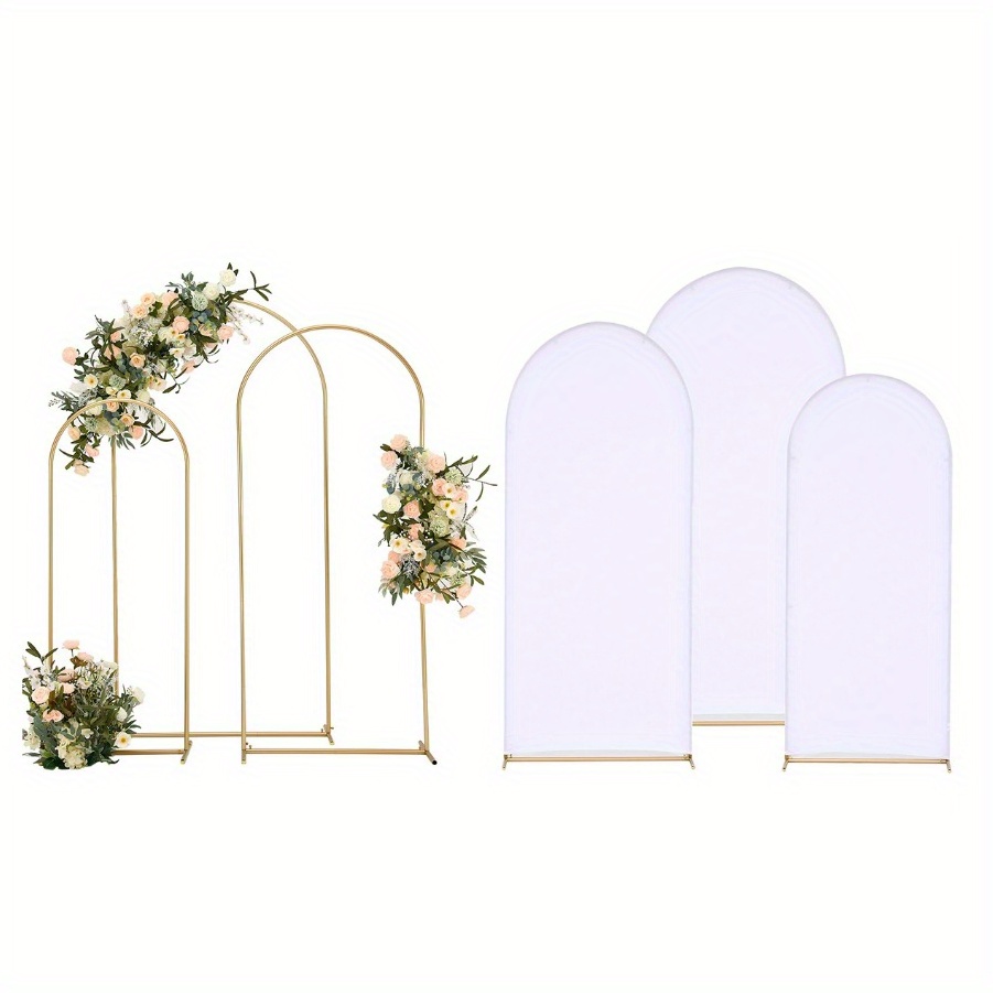 

4.9ft 5.9ft 6.6ft Golden Metal Arch Stand And White Cover Arch Backdrop Stand With 3 White Spandex Arch Backdrop Cover For Parties Birthday Wedding Bridal Banquet Decoration