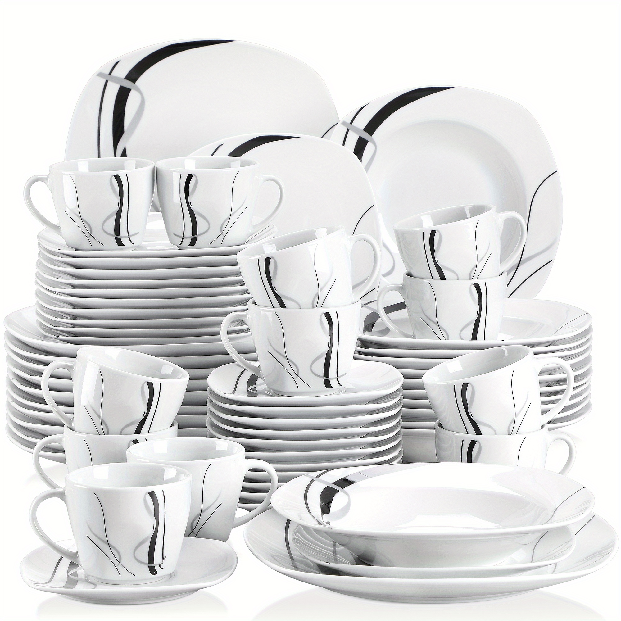 TEMU 60pcs Dinnerware Sets For 12 White Dishes Set With Black And Gray Stripes Porcelain Dinner Set