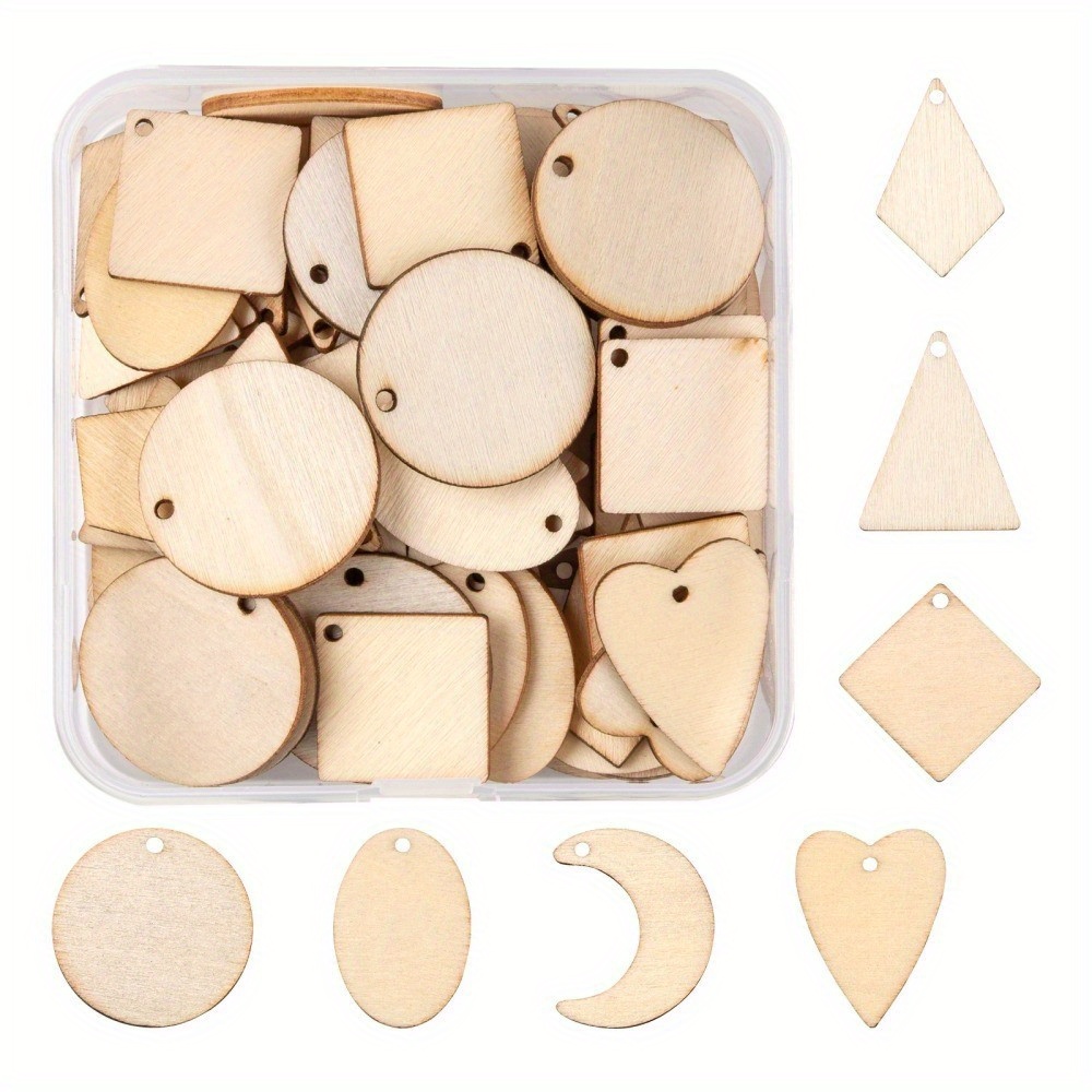 

70pcs Assorted Unfinished Wood Pendants Set - Laser Cut Shapes Including Kite, Moon, Round, , Oval, Triangle, Heart - Antique White, Diy Crafts & Jewelry Making, Spacer Beads For Jewelry Making