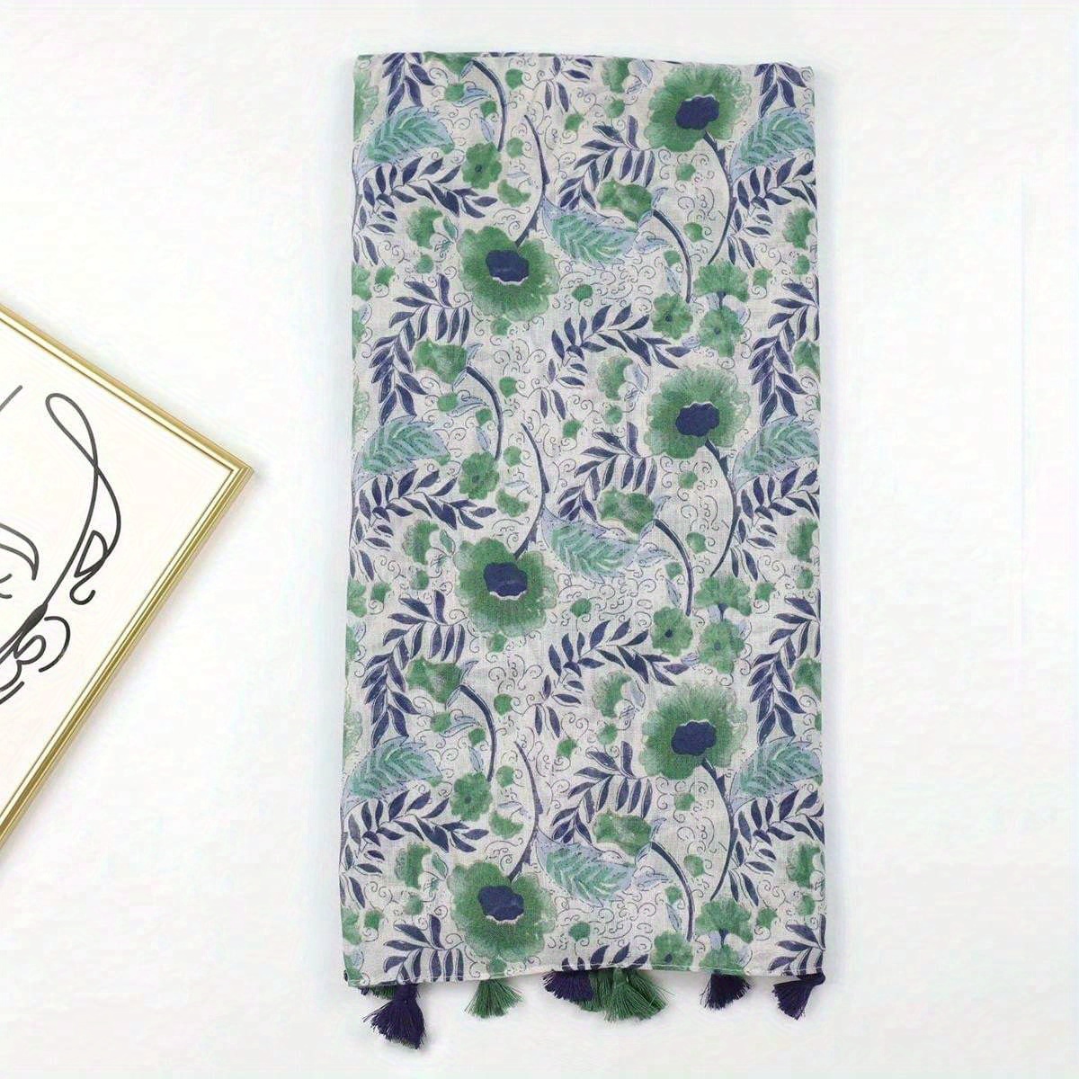 Elegant Floral Tassel Scarf, Thin Bali Chiffon Sunscreen Shawl