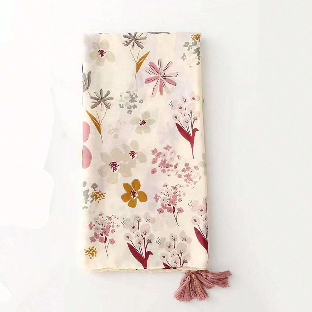 Elegant Floral Tassel Scarf, Thin Bali Chiffon Sunscreen Shawl