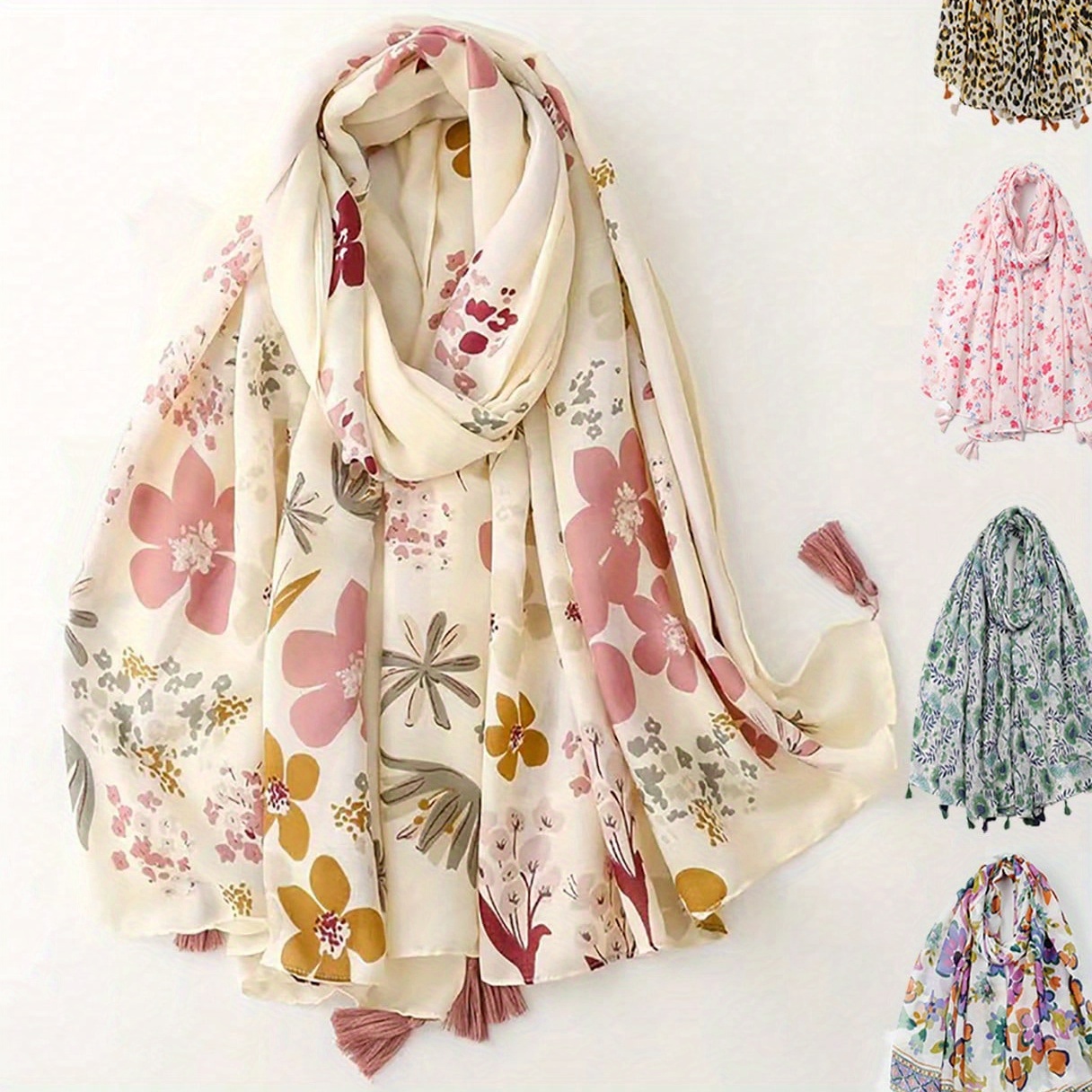Elegant Floral Tassel Scarf, Thin Bali Chiffon Sunscreen Shawl