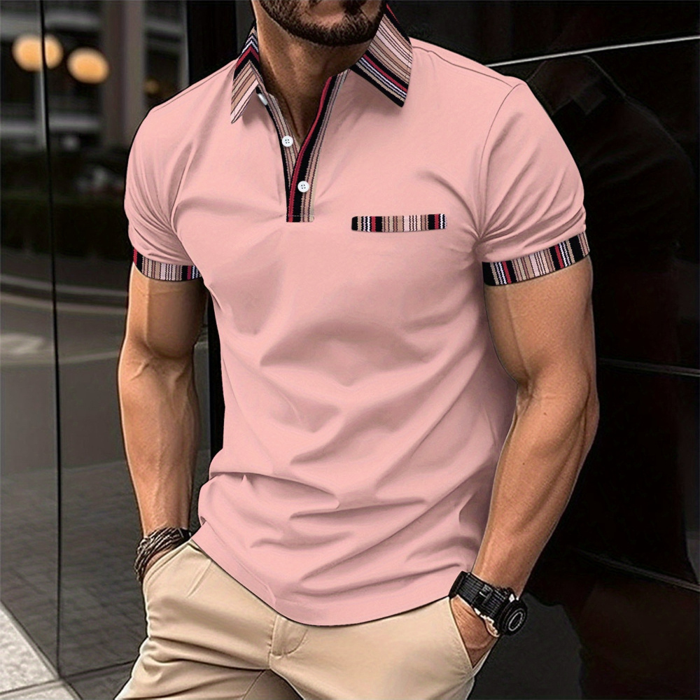 

2024 New Men's Casual Polo Shirt With False Chest Pocket Stripe Colored Button Versatile For Men