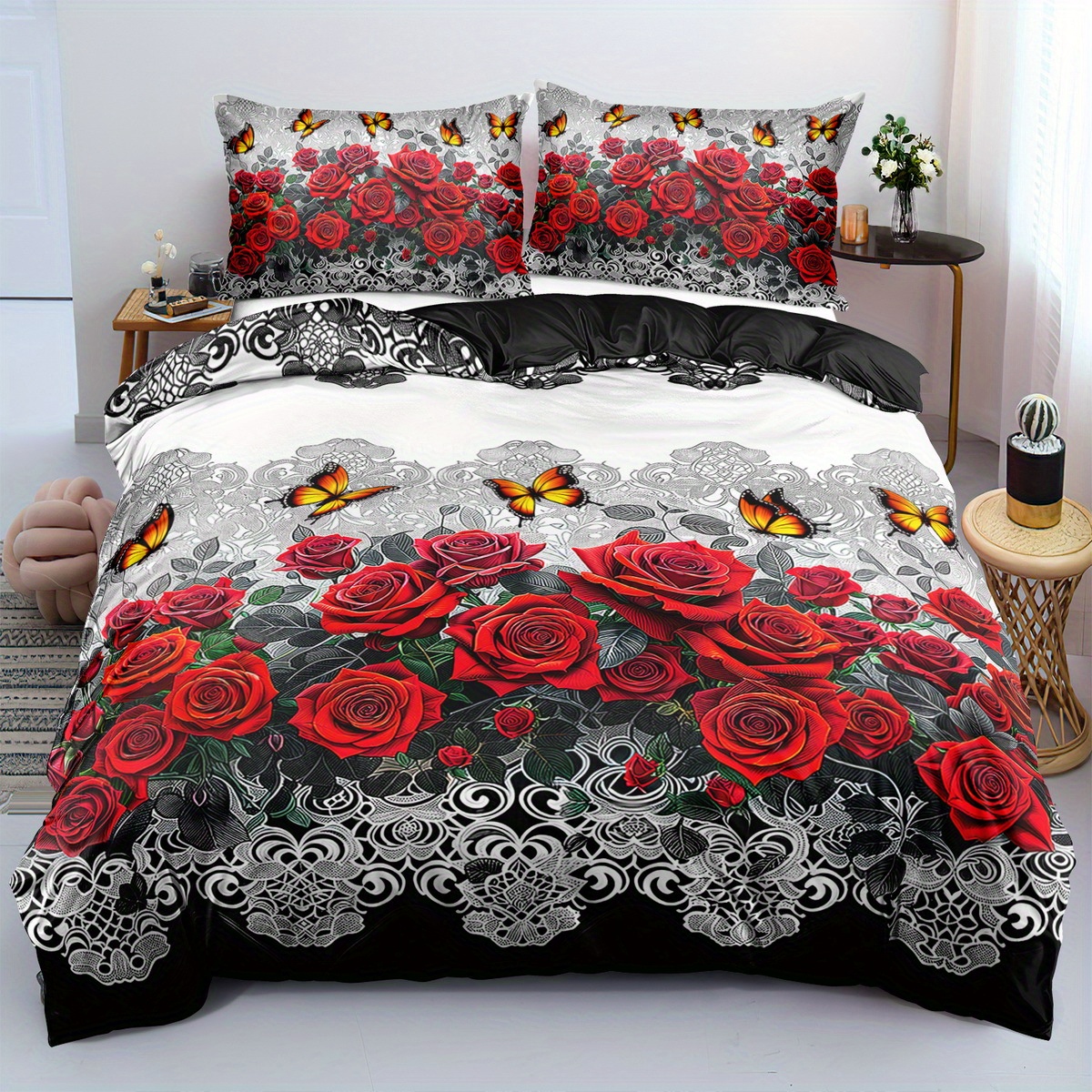 

Sanded Polyester Duvet Cover Set - Floral Gothic Bedding With Zipper Closure, Digital Print Red Rose Pattern, Breathable Fabric, Machine Washable - Includes 1 Duvet Cover + 2 Pillowcases (no Insert)