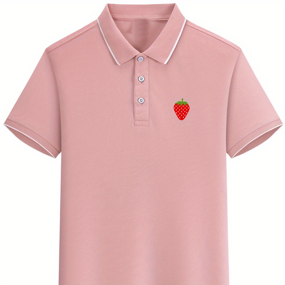 

Red Strawberry Printed, Men's Short Sleeve Golf Shirt, Business Casual Comfy Top For Tennis Training & Daily Wear