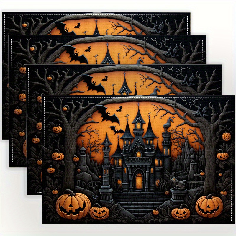 

Halloween Themed Placemats Set Of 4 - Woven Linen Material, Hand Wash Only Square Table Mats For Dining Room, Party Decoration With Haunted House And Pumpkin Print