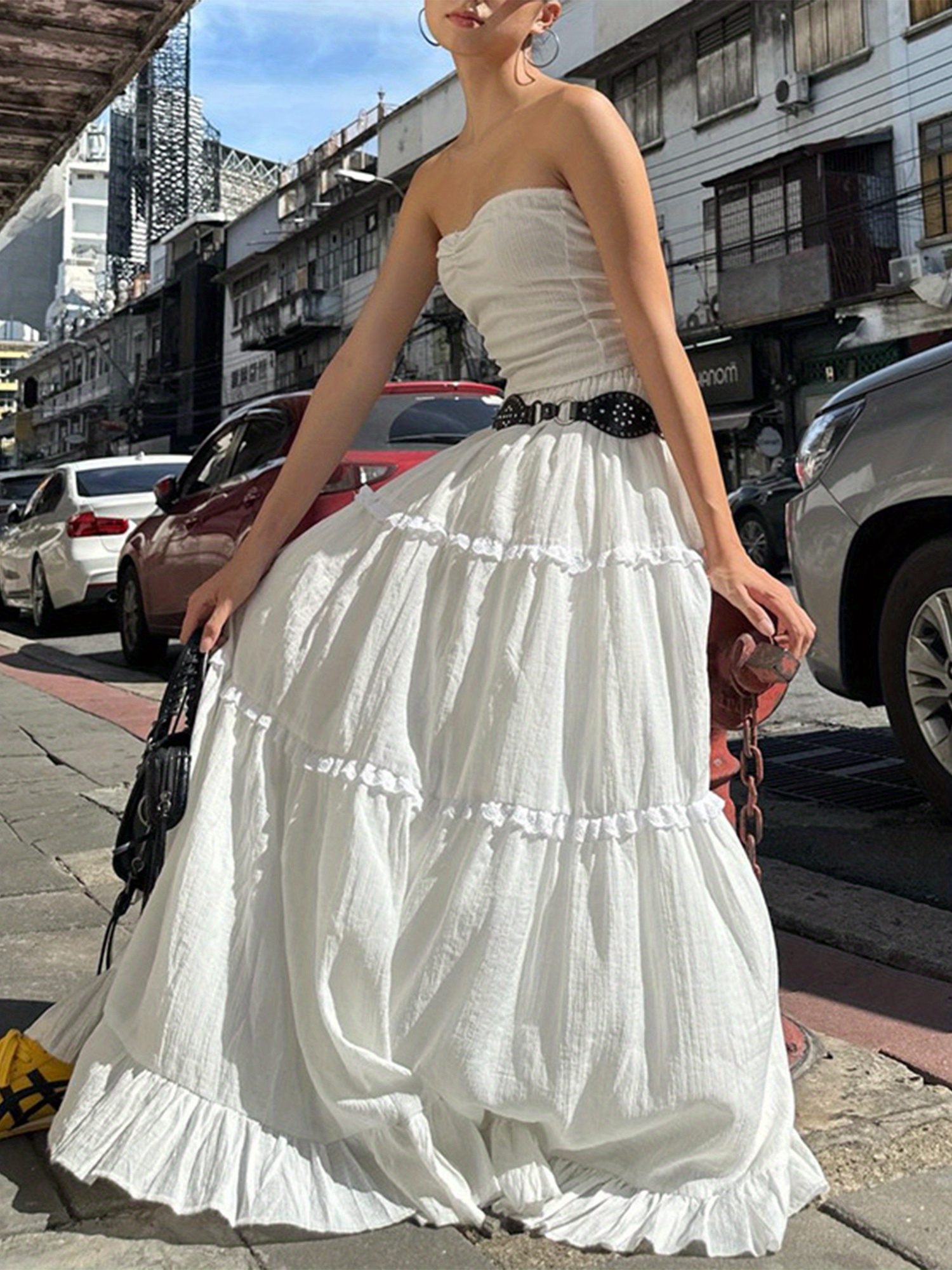 women's elegant white ruffle hem midi skirt flowy a line - Temu