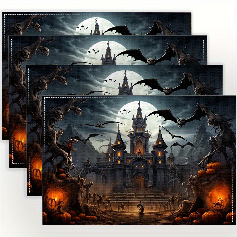 

Halloween Placemats Set Of 4 - 100% Linen Woven Square Table Mats With Spooky Castle And Pumpkin Print - Washable Handcrafted Cup Mats For Dining Table Party Decorations