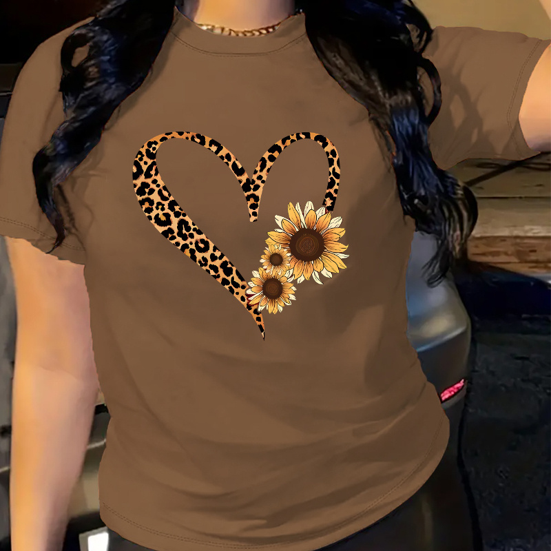 

Leopard Heart & Sunflower Print Comfy T-shirt, Round Neck Short Sleeve Sports Tee, Women's Activewear