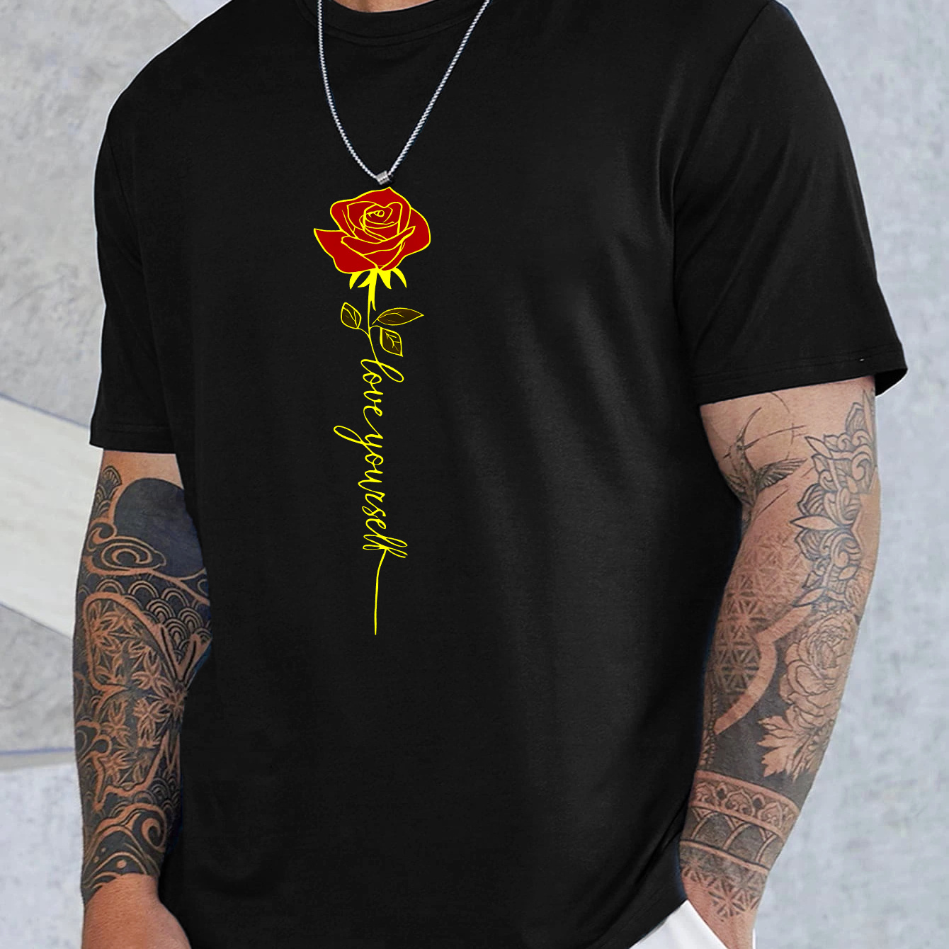 

Love Yourself Men's Casual Summer T-shirt With Rose Print - Short Sleeve, Crew Neck, Stretchy Knit Fabric