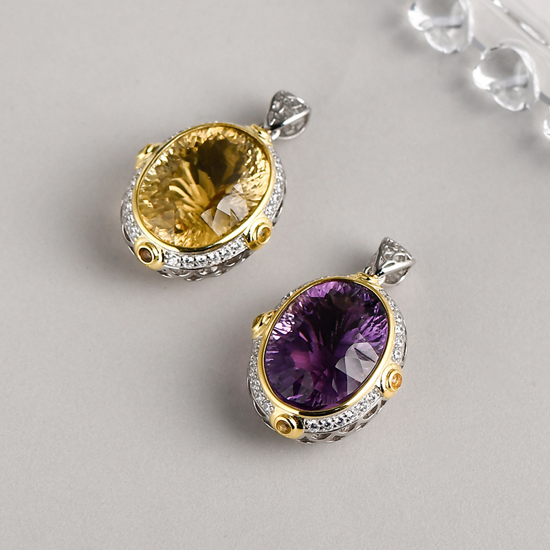 

Plated Oval Natural Citrine And Amethyst Pendant Necklace - Unique And Avant-garde Design, S925 Silver Delicate Collarbone Chain, Rock Crystal Mosaic Material, Noble And Elegant Jewelry For Women