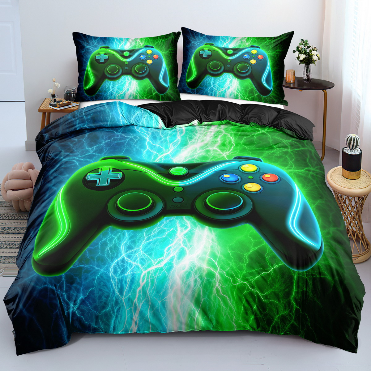 

Ensemble de housse de couette sur le thème du jeu : Housse de couette 2/3 avec motif de manette vert fluo, 1 housse de couette + 1/2 taies d'oreiller, aucun rembourrage inclus