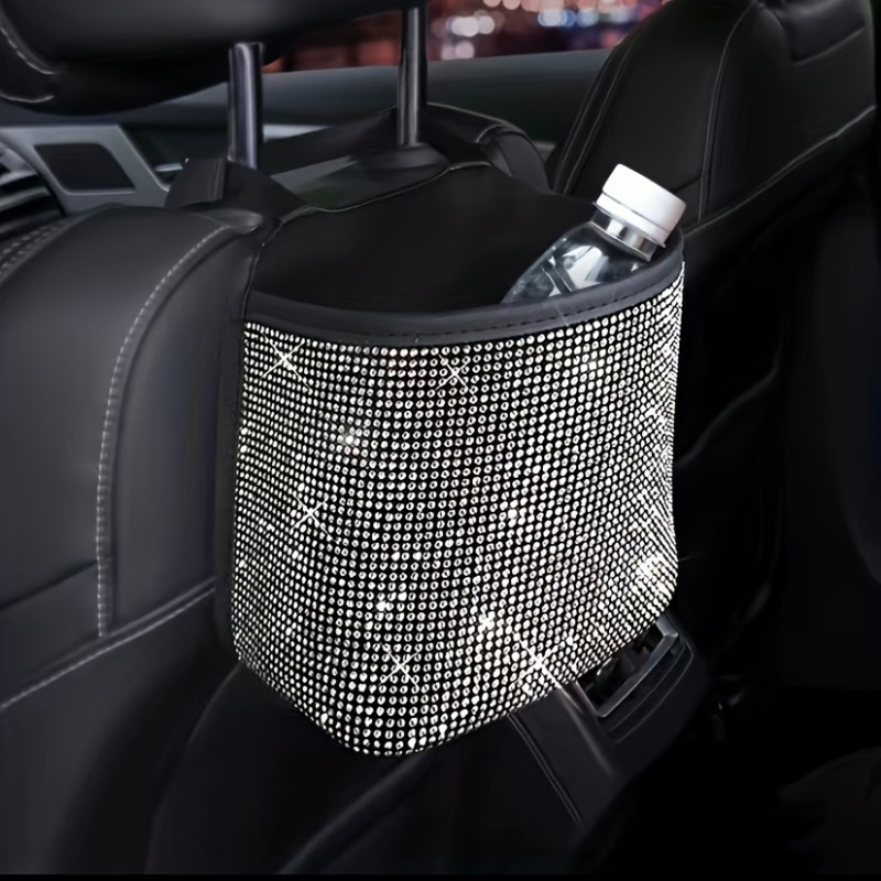 TEMU 1pc Sparkling Bling Rhinestones Car Trash Can - Durable & Convenient Hanging Storage Bag For Seat Back - Multifunctional, Space- Interior Accessory,