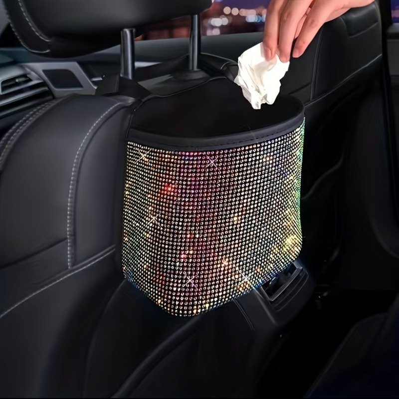 

1pc Sparkling Bling Rhinestones Car Trash Can - & Hanging Storage Bag For Seat Back - Multifunctional, Space- Interior Accessory,