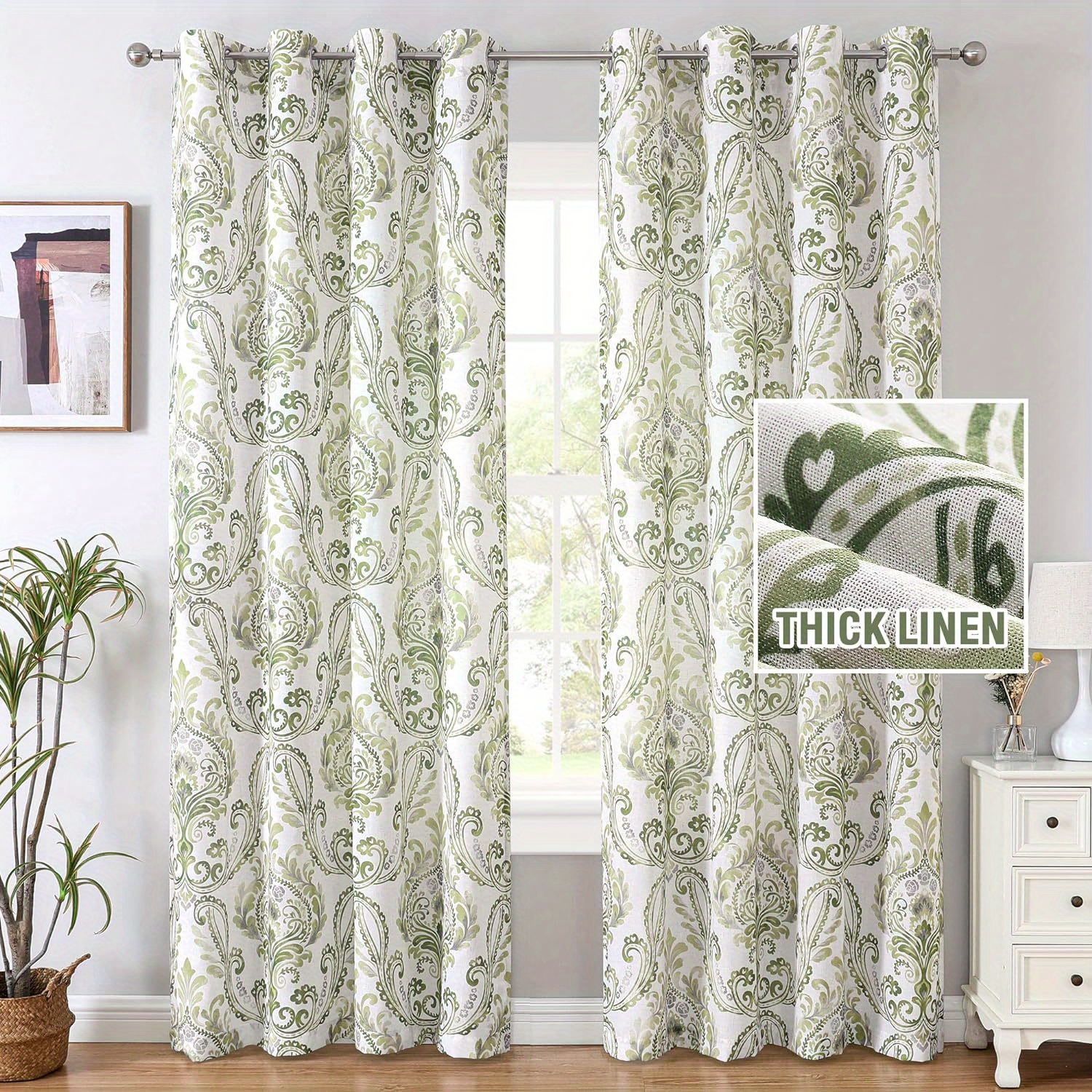 

H.versailtex Linen Curtains Damask Floral Natural Linen Blended Curtains For Living Room Drapes Vintage Floral Pattern Privacy Added Light Filtering Mid-century Style 2 Panels, Sage