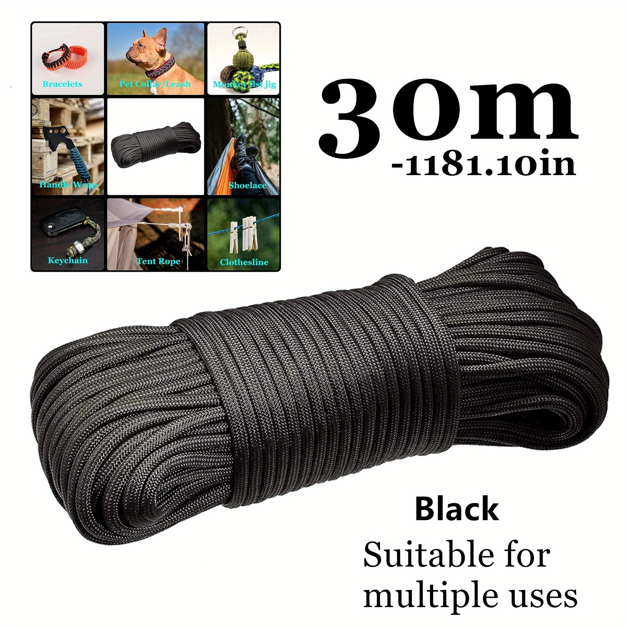 

Black Nylon Paracord Rope, 30m/1181.10in - Durable Utility Cord For Camping, Tying, Fishing, Outdoor Adventures - Low Tensile Strength Under 122 Lbs - Multipurpose Survival Gear Without Magnesium Rod