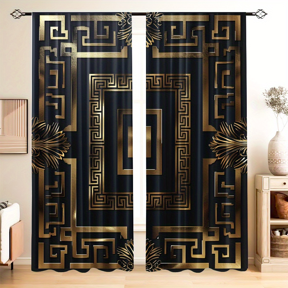 

2pcs Set Black & Golden Parquet Pattern Curtains - Rod Pocket Design, Polyester, Perfect For Living Room, Kitchen, Bedroom, Study - Machine Washable Home Decor