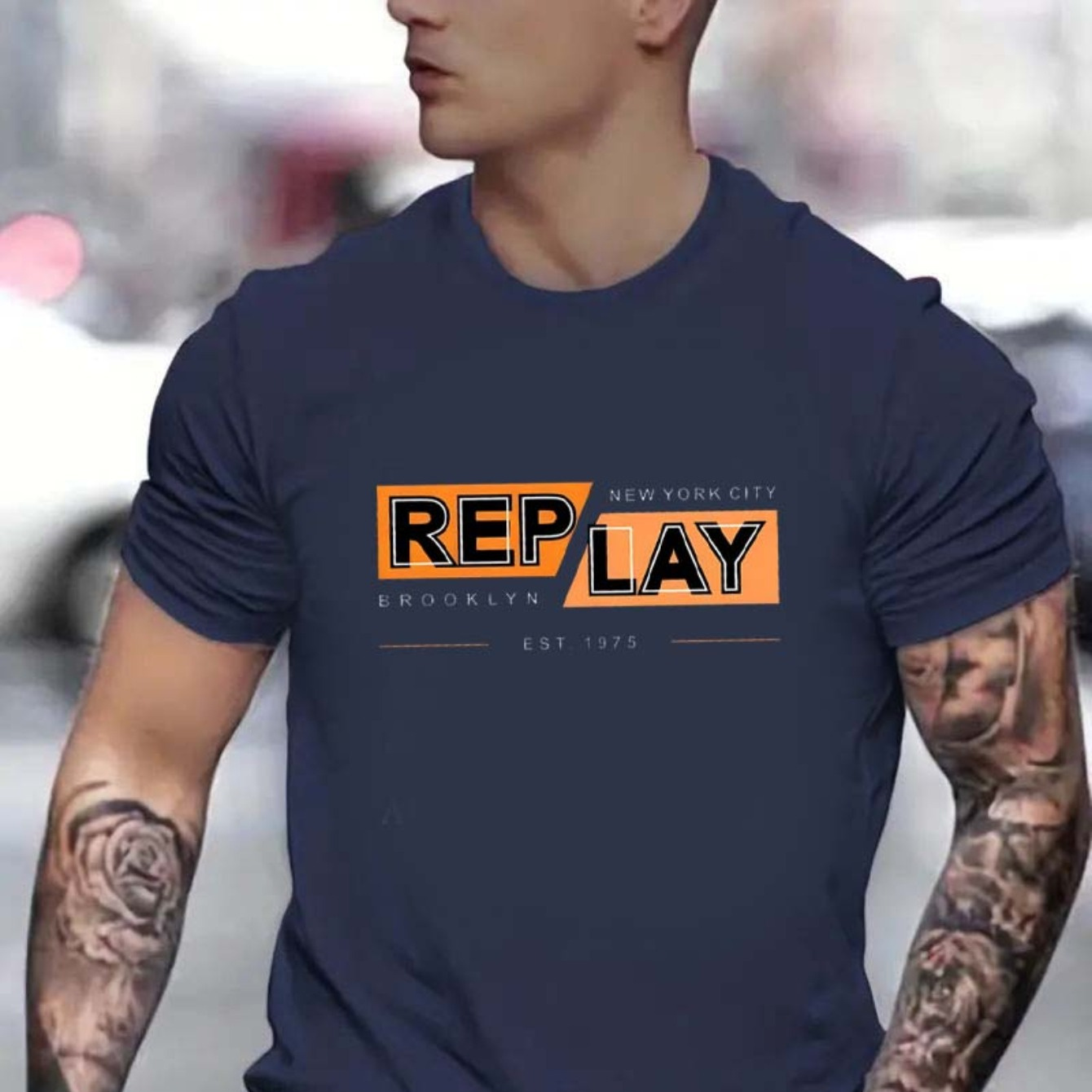 

Replay Print Short Sleeved T-shirt, Casual Comfy Versatile Tee Top, Men's Everyday Spring/summer Clothing