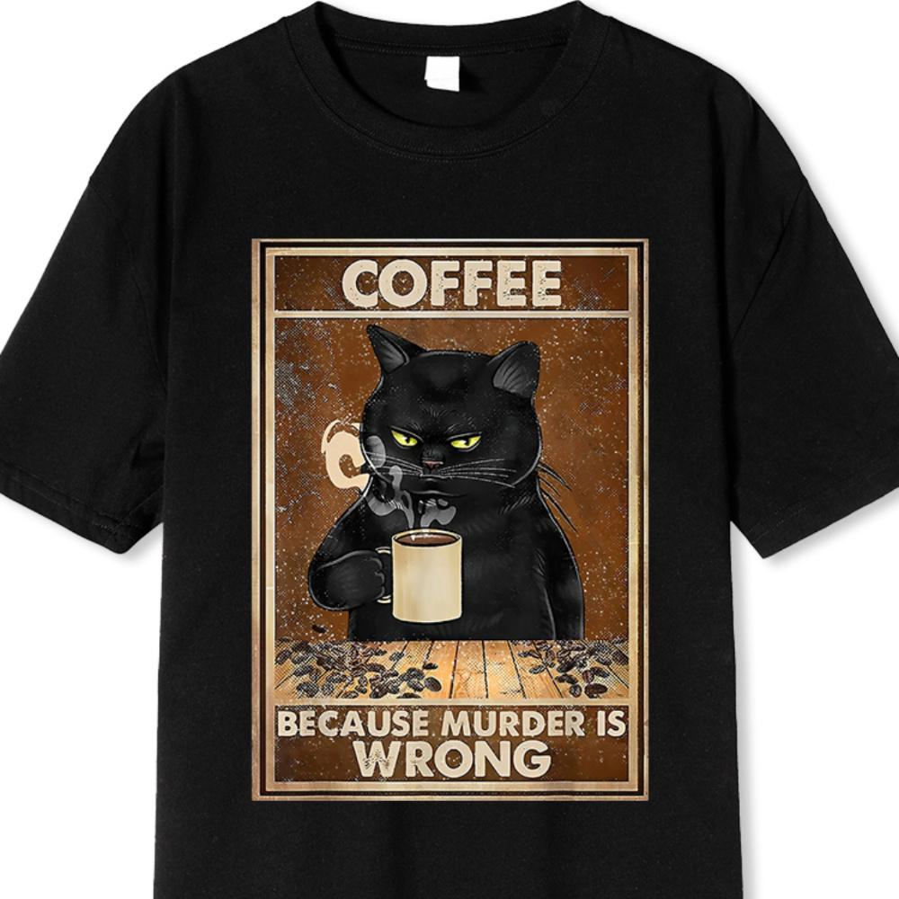 

Black Cat Drinks Coffee Funny T-shirt, Hip Hop T Shirt Cotton Tops Short Sleeves