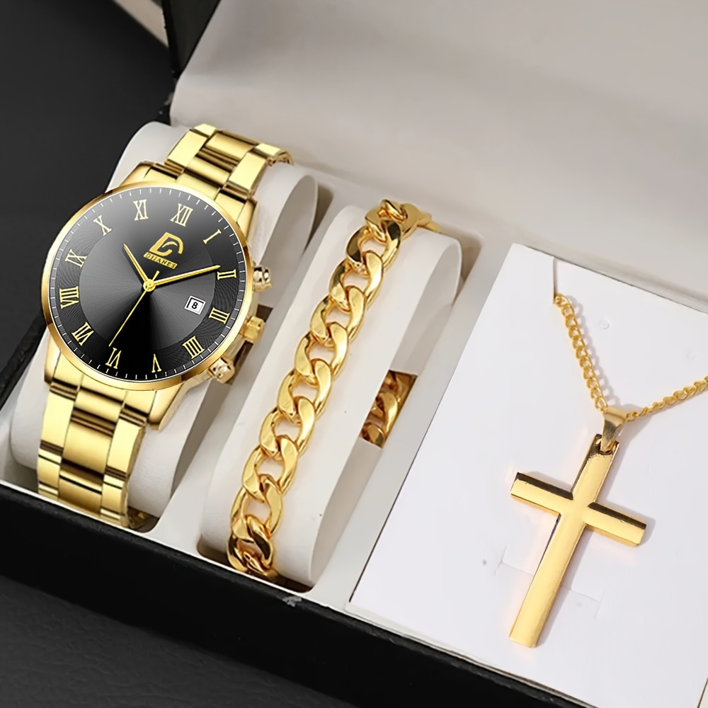 3pcs/ set *'S Watches, Fashion Stainless Steel Wrist Watch Bracelet  Necklace Set Stylish Durable Accessories Precision Quartz Move*t