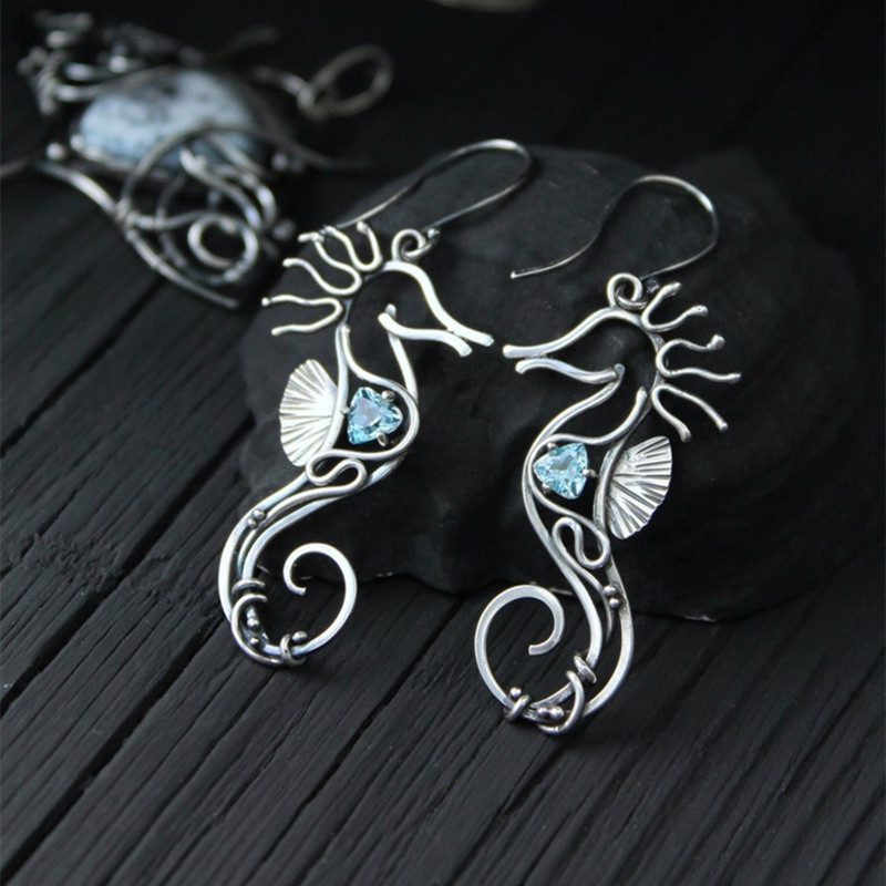 

Ocean Blue Stone Hook Dangle Earrings Inlaid Seahorse Animal Vintage Metal Design For Women