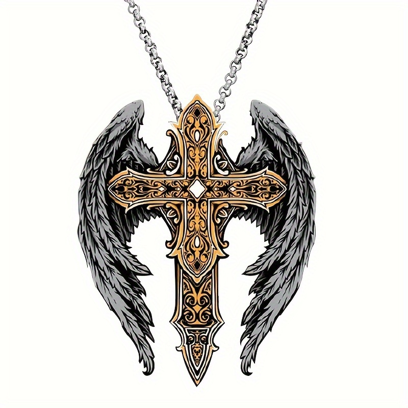 trendy mens pendant cross wings necklace delicate vintage necklace statement jewelry christmas gift details 1