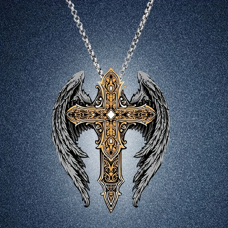 trendy mens pendant cross wings necklace delicate vintage necklace statement jewelry christmas gift details 2